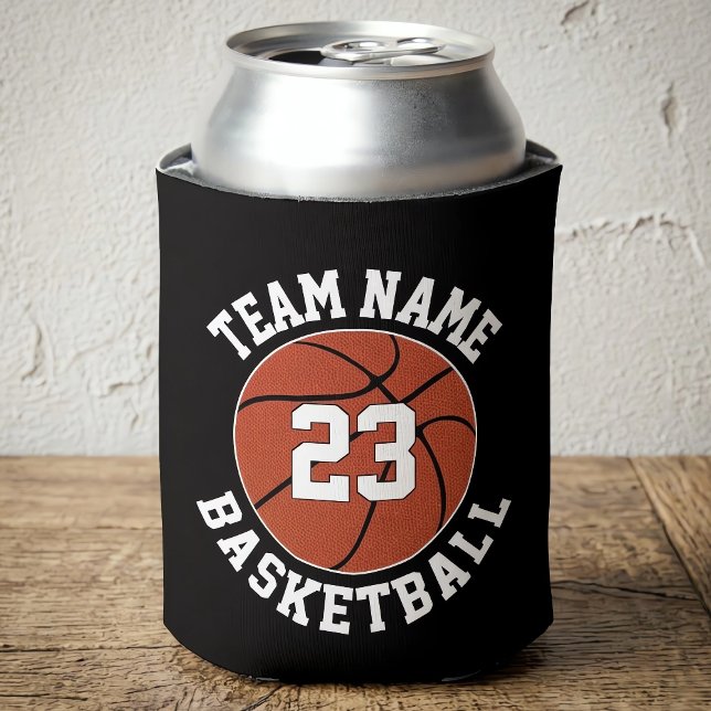 Basketball Custom Team Name & Player Number Sports Can Cooler (Custom basketball can cooler with personalized team name and player number, on table.)
