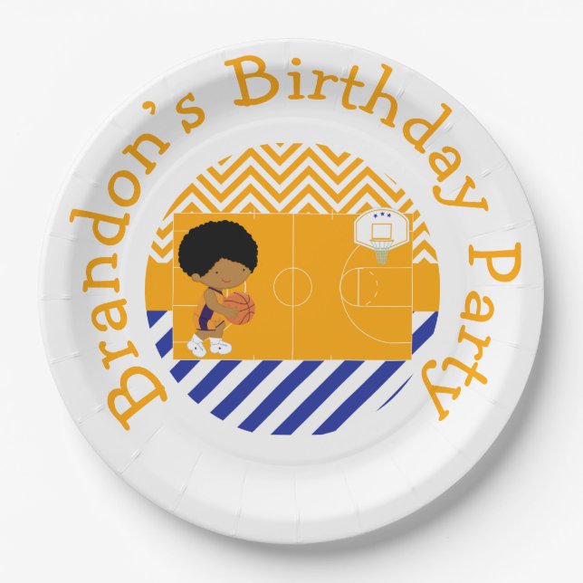 Basketball Cute African American Boy Paper Plate (Front)