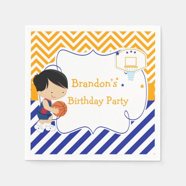 Basketball Cute Black Hair Boy Birthday Party Napkin (Front)