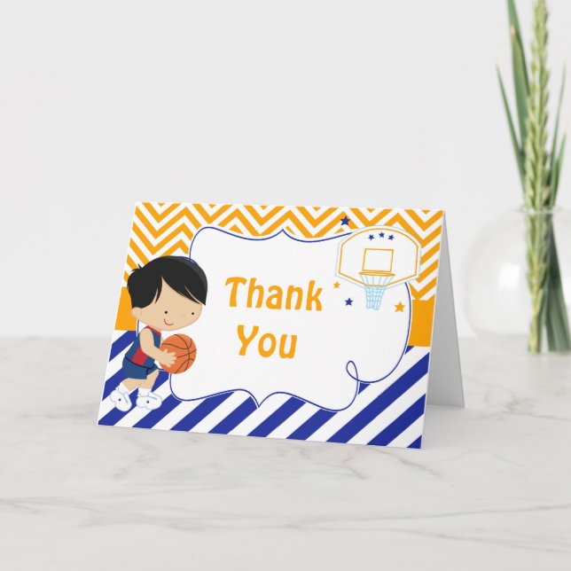 Basketball Cute Black Hair Boy Birthday Party Thank You Card (Front)