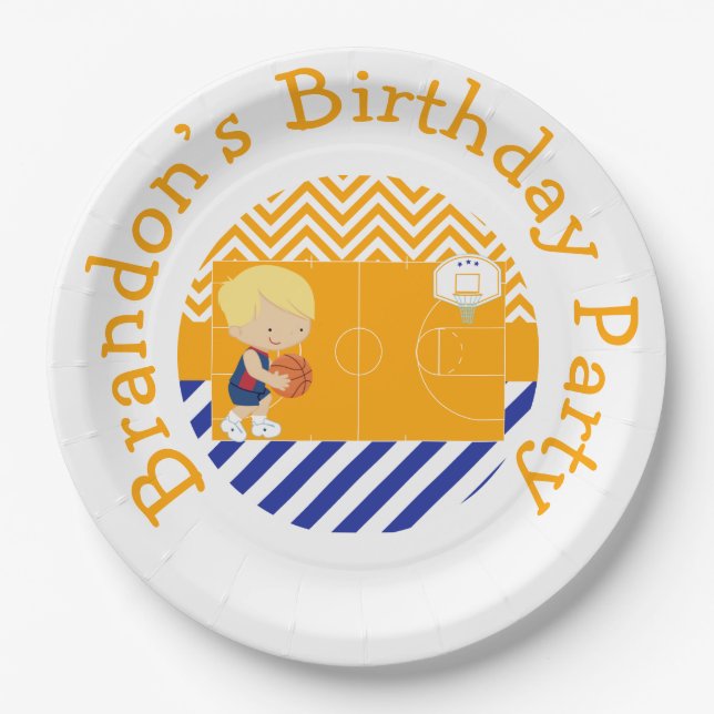 Basketball Cute Blonde Hair Boy Paper Plate (Front)