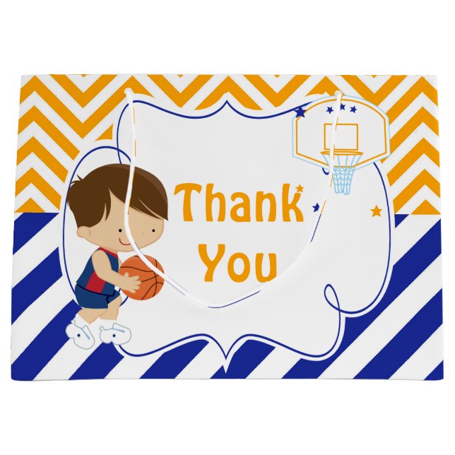 Basketball Cute Brown Hair Boy Thank You Large Gift Bag (Front)