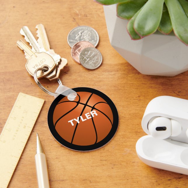 Basketball, DIY Name in White, Black Key Ring (Desk)