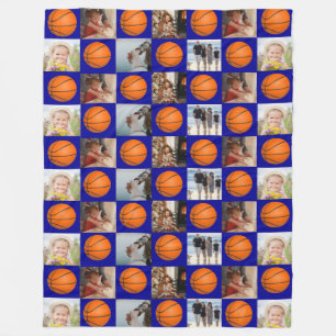 Basketball Family Collage Photo Pattern Navy Blue Fleece Blanket