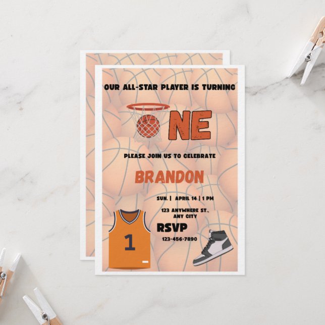 Basketball First Birthday Invitation | All Star (Front/Back In Situ)
