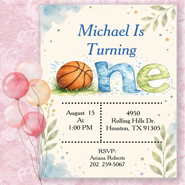 Basketball First Birthday Watercolor Invitation (Creator Uploaded)