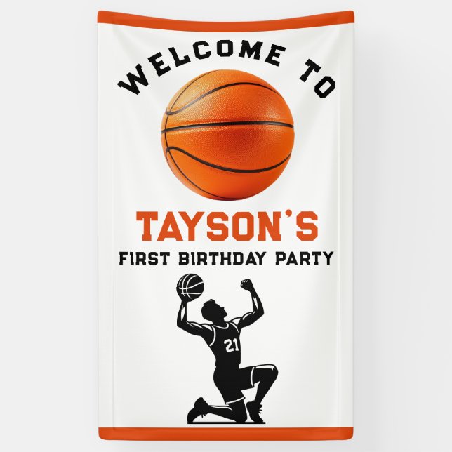 Basketball First Year Down 1st Birthday  Banner (Vertical)
