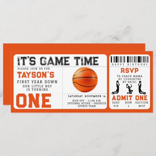 basketball First Year Down 1st Birthday Ticket  Invitation (Front/Back)