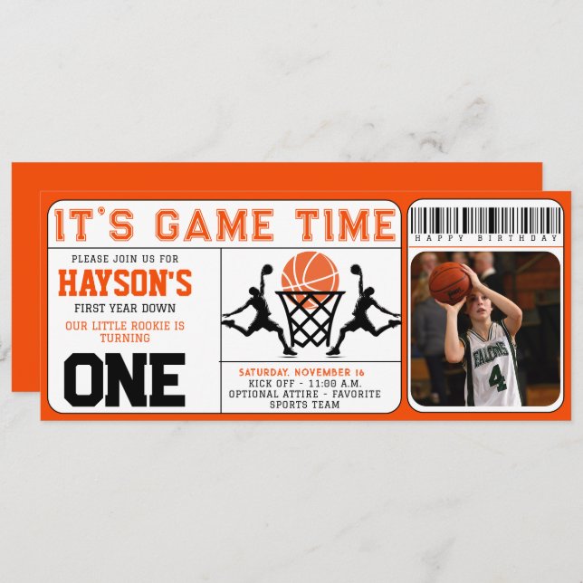 Basketball First Year Down Ticket 1st Birthday  Invitation (Front/Back)