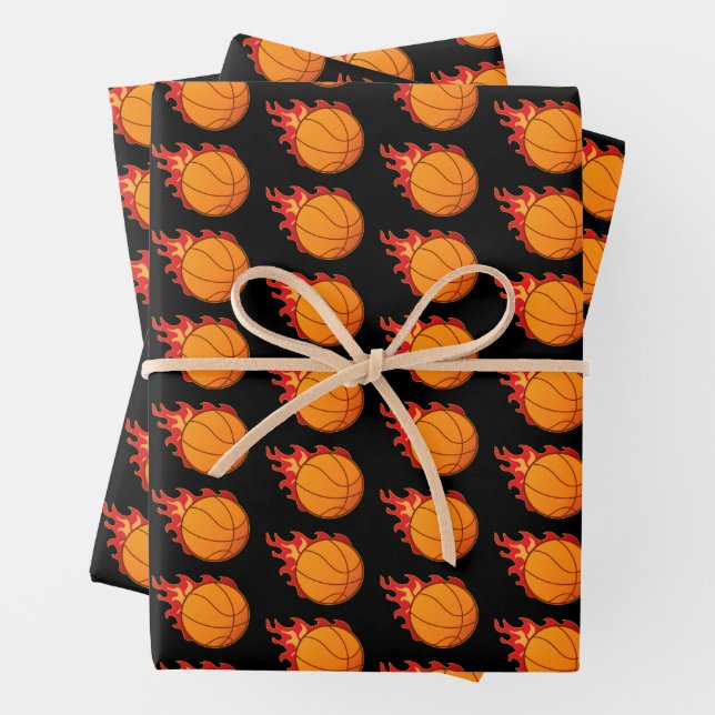 Basketball Flaming Fire Sports Wrapping Paper Sheet (In situ)