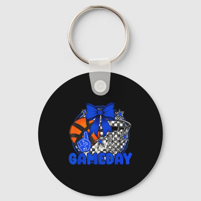 Basketball Game Day Go Cheer Team Blue Coquette Ch Key Ring (Front)