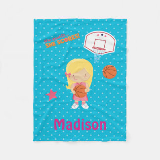 Basketball Girl Blue Polka Dot Hoop Basketball Fleece Blanket