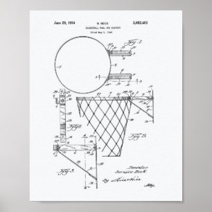 Basketball Goal 1954 Patent Art White Paper Poster