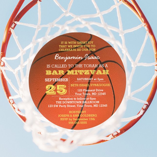 Basketball Gold Round Bar Mitzvah Invitation (Creator Uploaded)