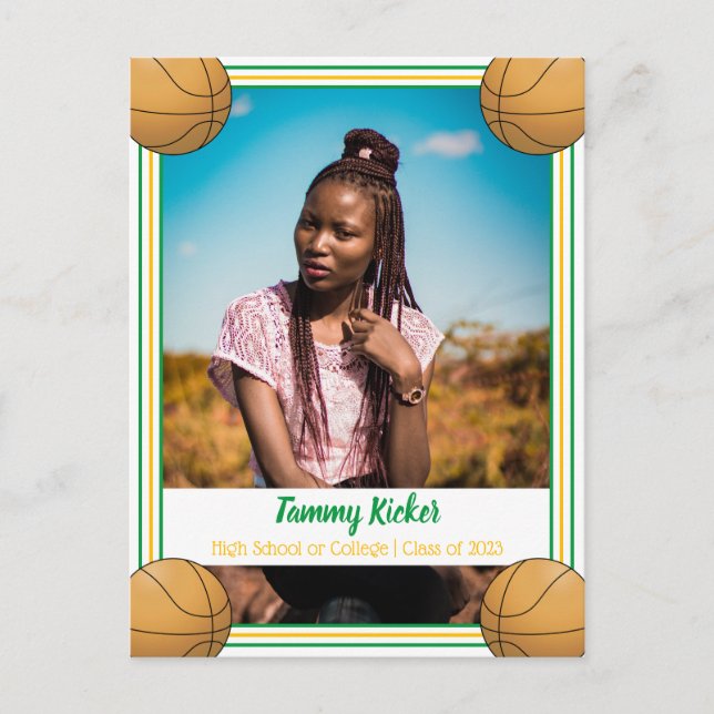 Basketball Green & Gold Graduation Announcement Postcard (Front)