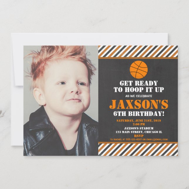 Basketball hoops birthday party boy photo invitation (Front)