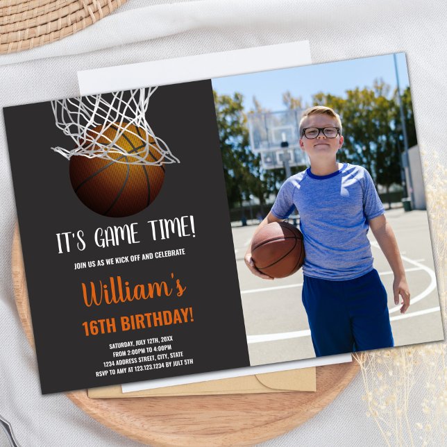 Basketball in Basket Birthday Invitation (Basketball in Basket Birthday Invitations w photo)
