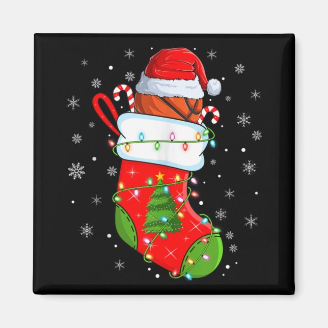 Basketball In Christmas Socks Santa Hat Lights Xma Magnet (Front)