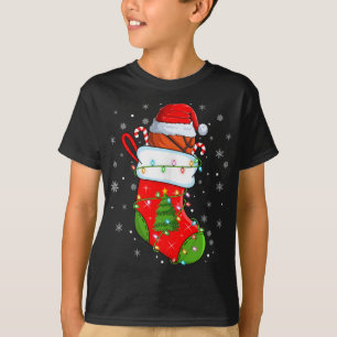 Basketball In Christmas Socks Santa Hat Lights Xma T-Shirt