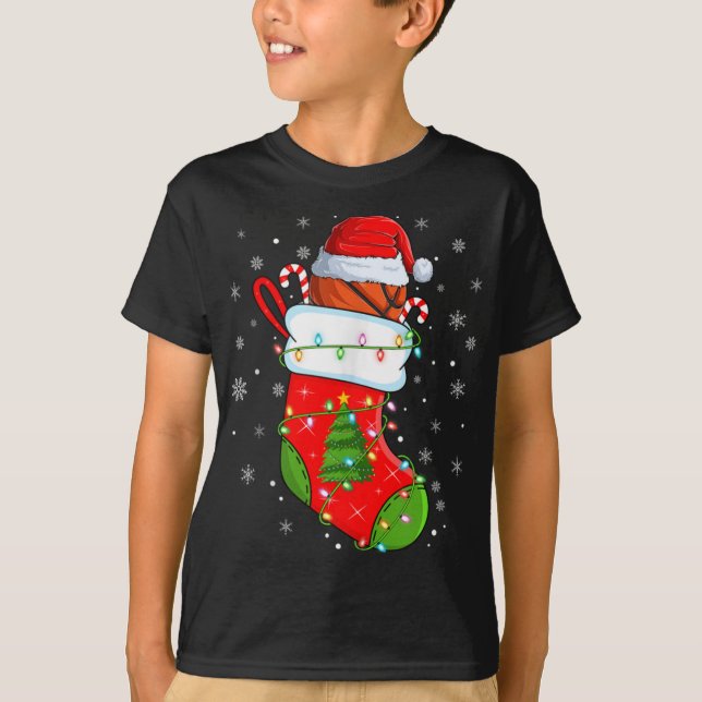 Basketball In Christmas Socks Santa Hat Lights Xma T-Shirt (Front)