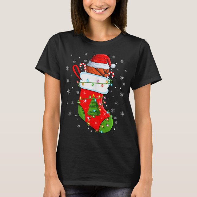 Basketball In Christmas Socks Santa Hat Lights Xma T-Shirt (Front)