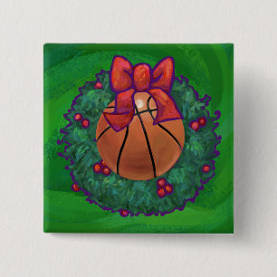 Basketball in Christmas Wreath 15 Cm Square Badge