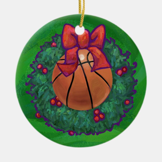 Basketball in Christmas Wreath Ceramic Tree Decoration (Front)