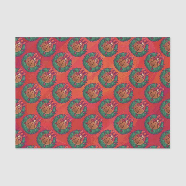 Basketball in Holly Wreath Pattern on Red Tissue Paper (Front)