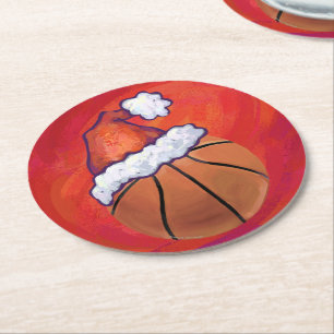 Basketball in Santa Hat Round Paper Coaster