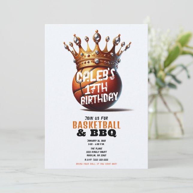 Basketball King Gold Crown Photo Birthday  Invitation (Standing Front)