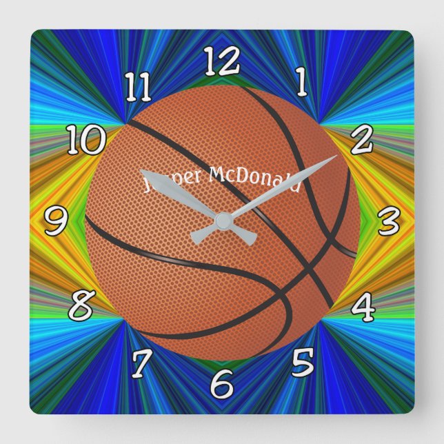 Basketball Many-colour Bkgrd Photo Personalise Square Wall Clock (Front)