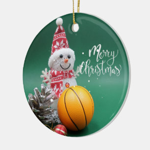 Basketball Merry Christmas with Snowman on Green Ceramic Tree Decoration