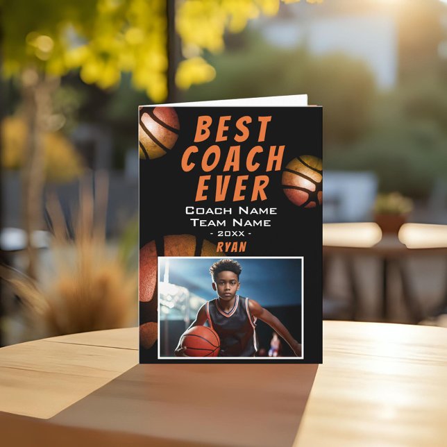 Basketball Metallic Photo Best Coach Ever Thank You Card (Creator Uploaded)
