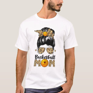 Basketball Mom Leopard Messy Bun Ball Mom Mother's T-Shirt