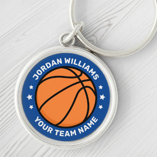 Basketball name and team white stars blue key ring