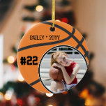 Basketball Name Jersey Number Photo Keepsake Ceramic Tree Decoration<br><div class="desc">This design features a basketball background with space for a name, number and photo. Click the customise button for more flexibility in adjusting the text! Variations of this design as well as coordinating products are available in our shop, zazzle.com/store/doodlelulu. Contact us if you need this design applied to a specific...</div>