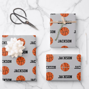 Basketball Name Pattern Kids Gray Wrapping Paper Sheet