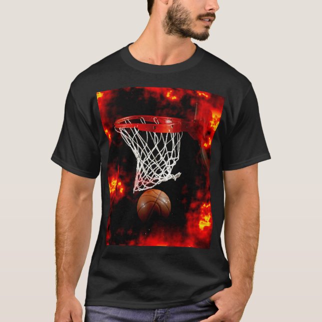 Basketball Net, Ball & Flames T-Shirt (Front)