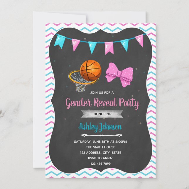 Basketball or Bows gender reveal invitation (Front)