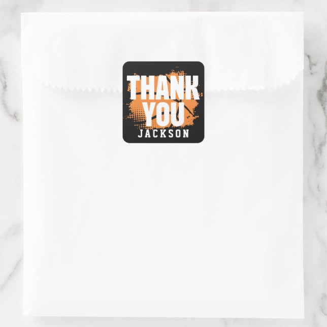 Basketball Orange Black Birthday Thank You Square Sticker (Bag)