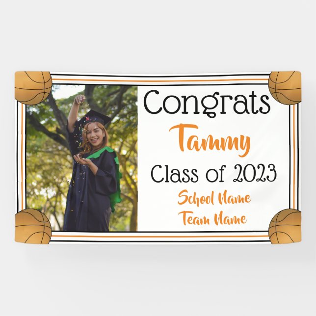 Basketball Orange & Black One Photo Graduation Banner (Horizontal)