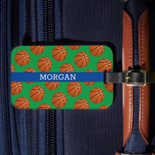 Basketball Pattern, White Name, Blue & Green Luggage Tag (Front Insitu 4)