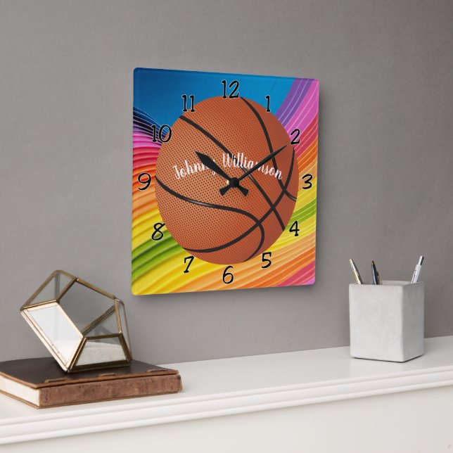 Basketball personalise with Name Colourful Square Wall Clock (Office)