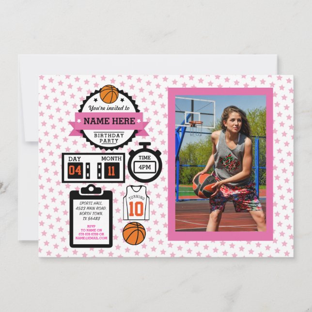 Basketball Photo Birthday Pink Sport Party Girls Invitation (Front)