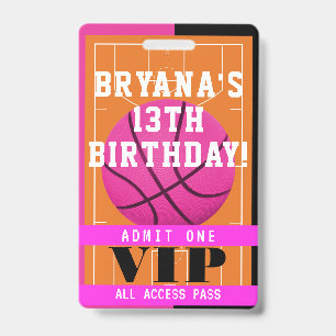 Basketball Pink Birthday Party VIP Pass Badge ID Badge