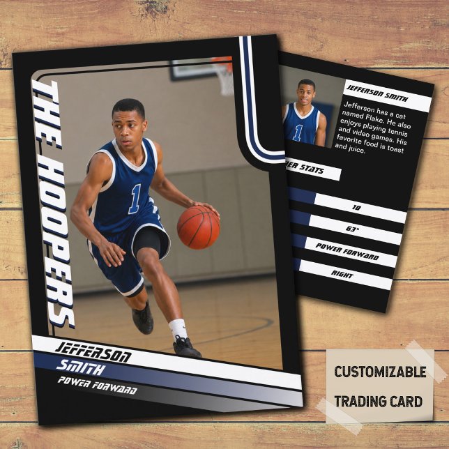 Basketball Player Custom Black Trading Card Blue  (Basketball Player Trading Card in Black with custom team name and player name with Blue stripes)