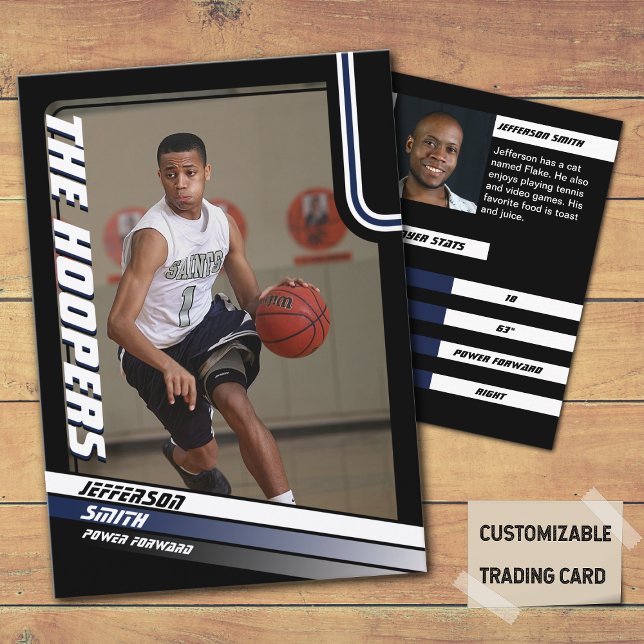 Basketball Player Custom Black Trading Card Blue  (Basketball Player Trading Card in Black with custom team name and player name with Blue stripes
)