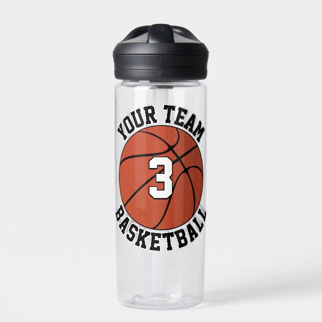 Basketball Player Custom Team Name & Jersey Number Water Bottle (Front)