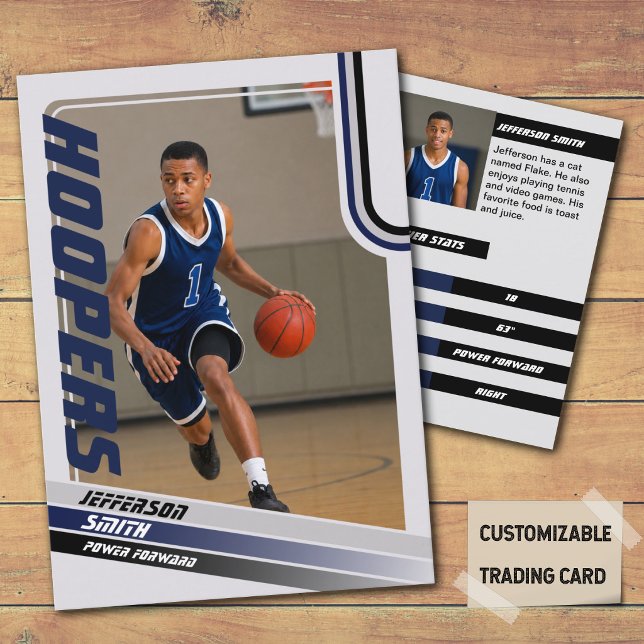 Basketball Player Custom Trading Card Black Blue (Basketball Player Trading Card in Grey with custom team name and player name with Blue stripes)
