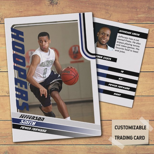 Basketball Player Custom Trading Card Black Blue (Basketball Player Trading Card in Grey with custom team name and player name with Blue stripes
)